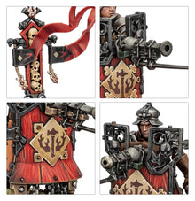 Collage of a detailed figurine with armor and weapon, featuring intricate designs and red and gold colors.