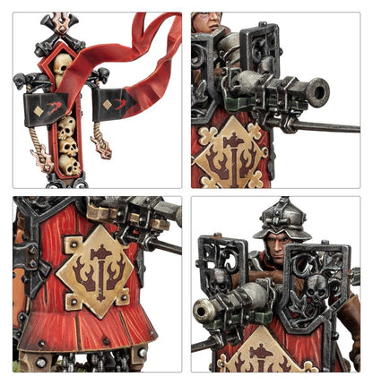 Collage of a detailed figurine with armor and weapon, featuring intricate designs and red and gold colors.
