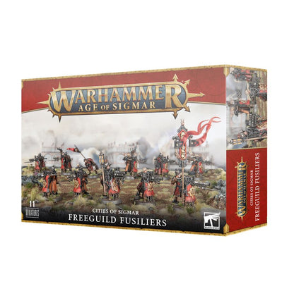 Warhammer Age of Sigmar game box featuring Freeguild Fusiliers on a white background