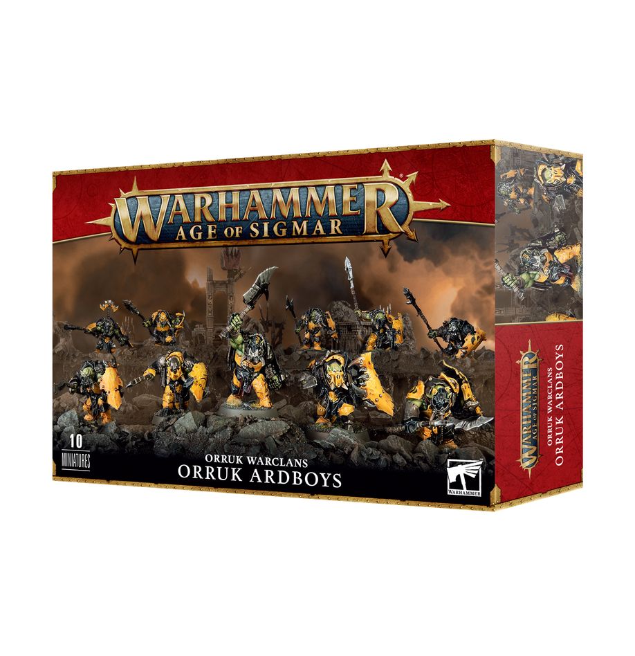 Warhammer Age of Sigmar game box featuring Orruk Warclans and Orruk Ardboys on a white background