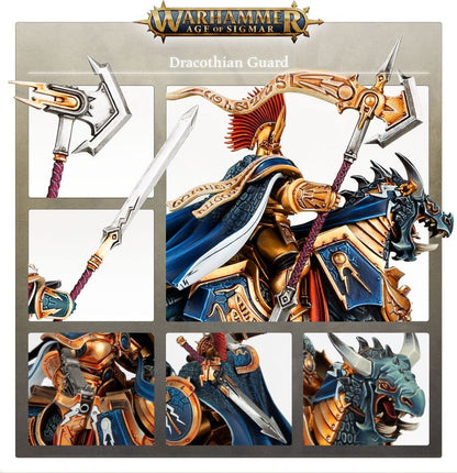 Warhammer Age of Sigmar Dracothian Guard model with detailed armor and weapons on a display card.