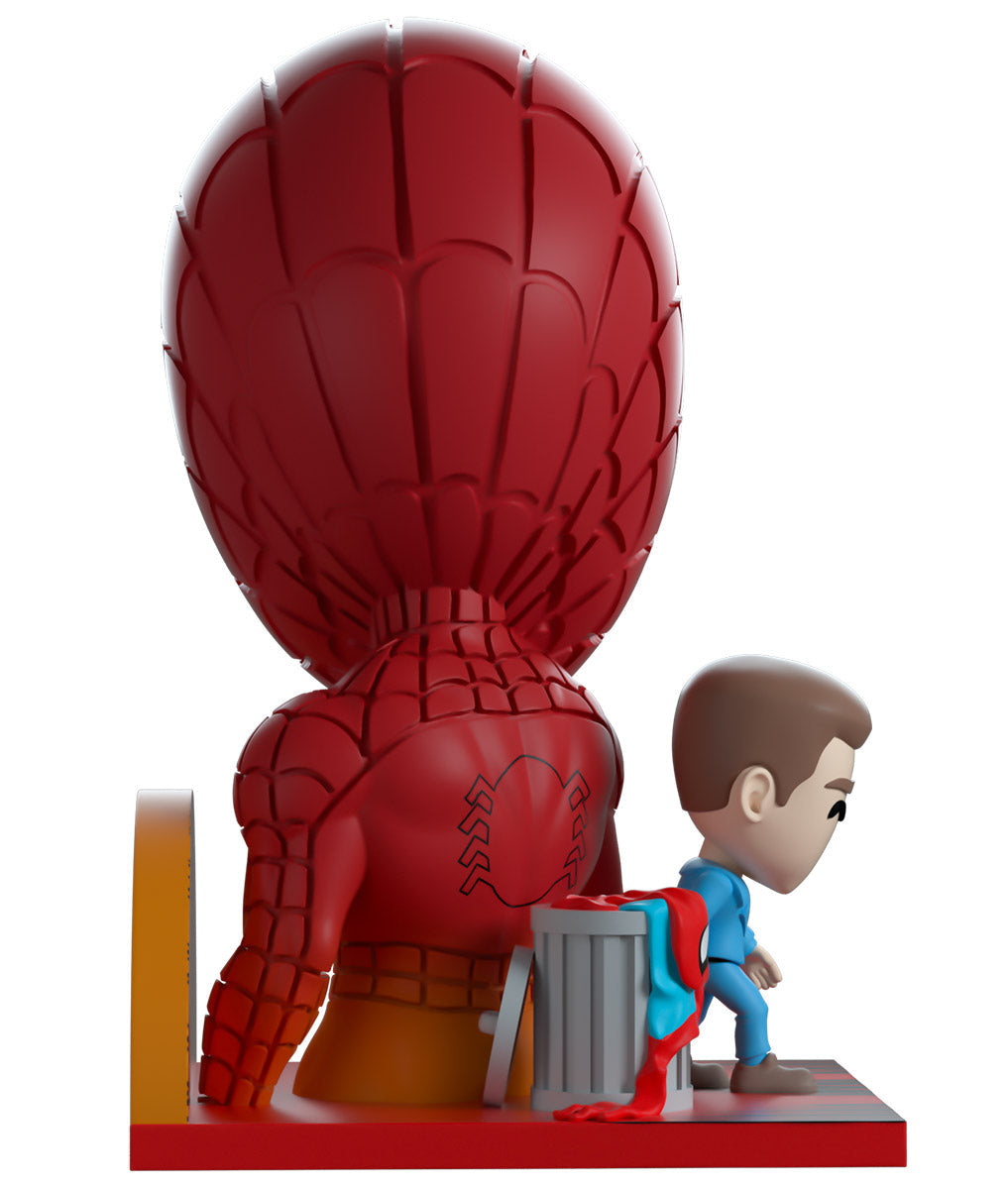 Spider man figure with a smaller figure in blue suit on a white background