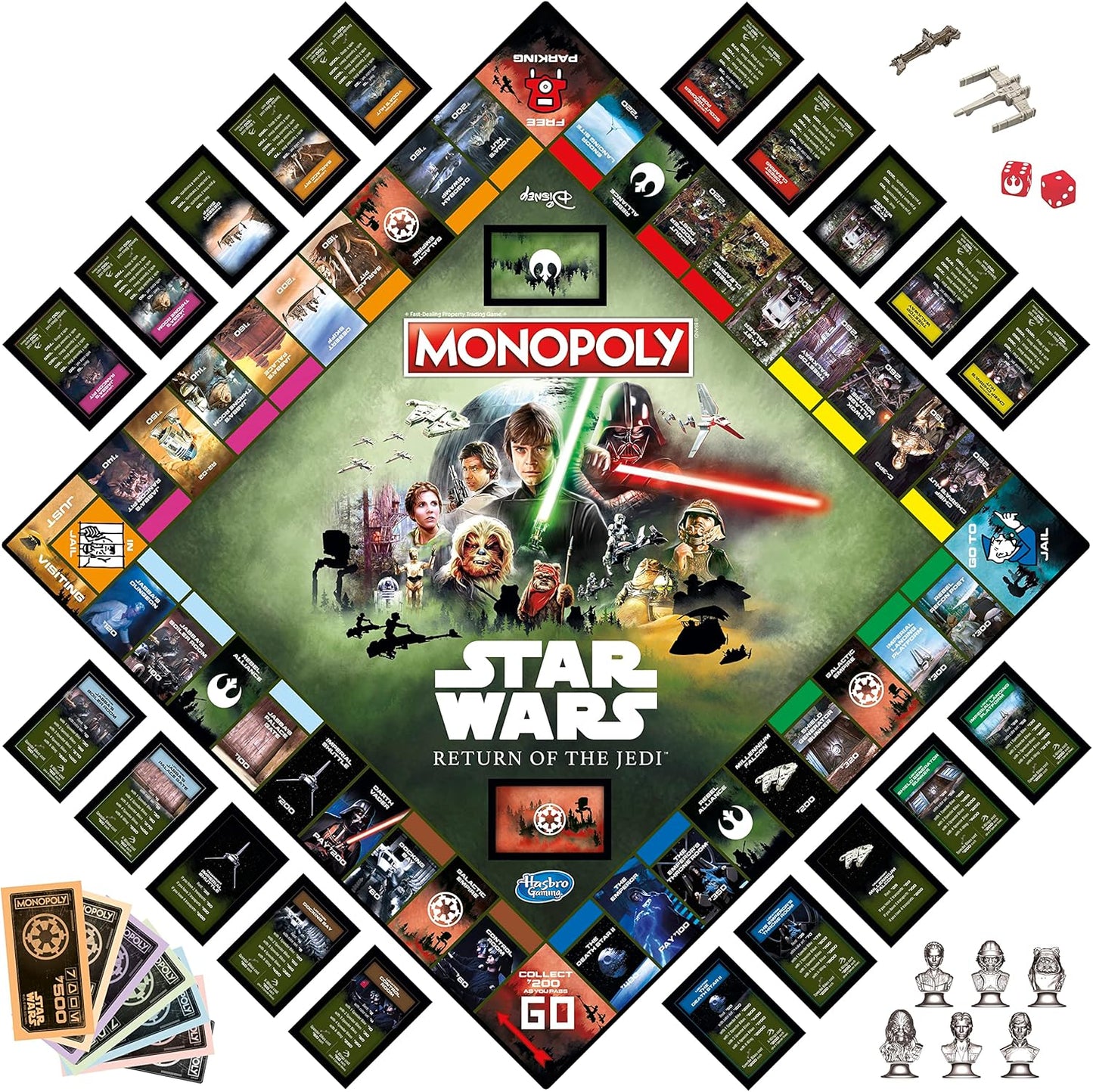 Star Wars Monopoly board game set with characters and cards on a white background