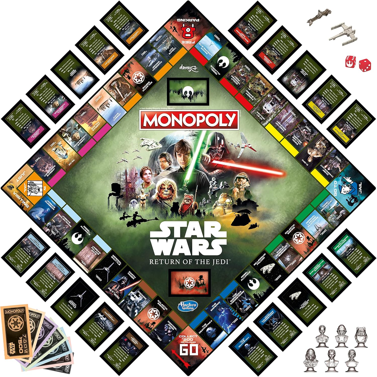 Star Wars Monopoly board game set with characters and cards on a white background