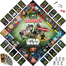 Star Wars Monopoly board game set with characters and cards on a white background