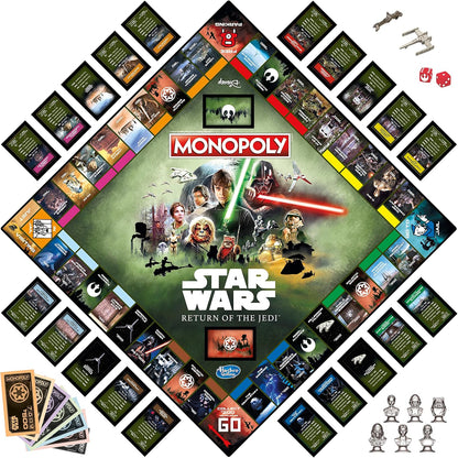 Star Wars Monopoly board game set with characters and cards on a white background