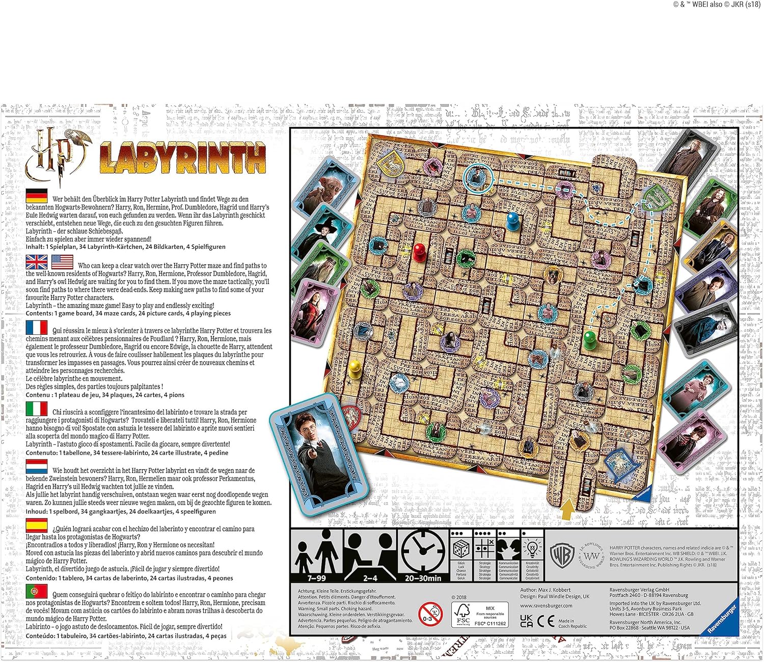 Board game packaging for 'Labyrinth' with labyrinth board and character cards on a white background