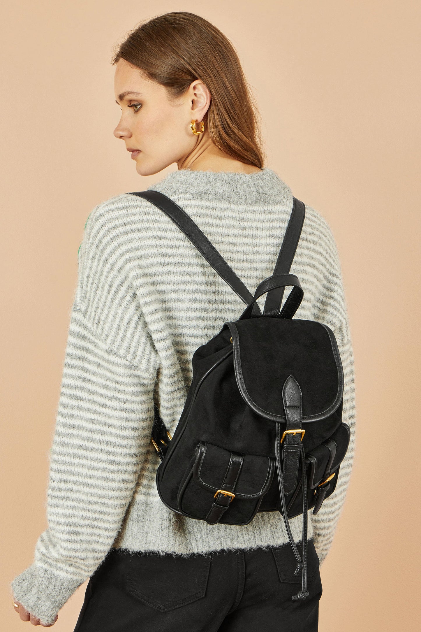 Black Faux Suede Pocket Rucksack
