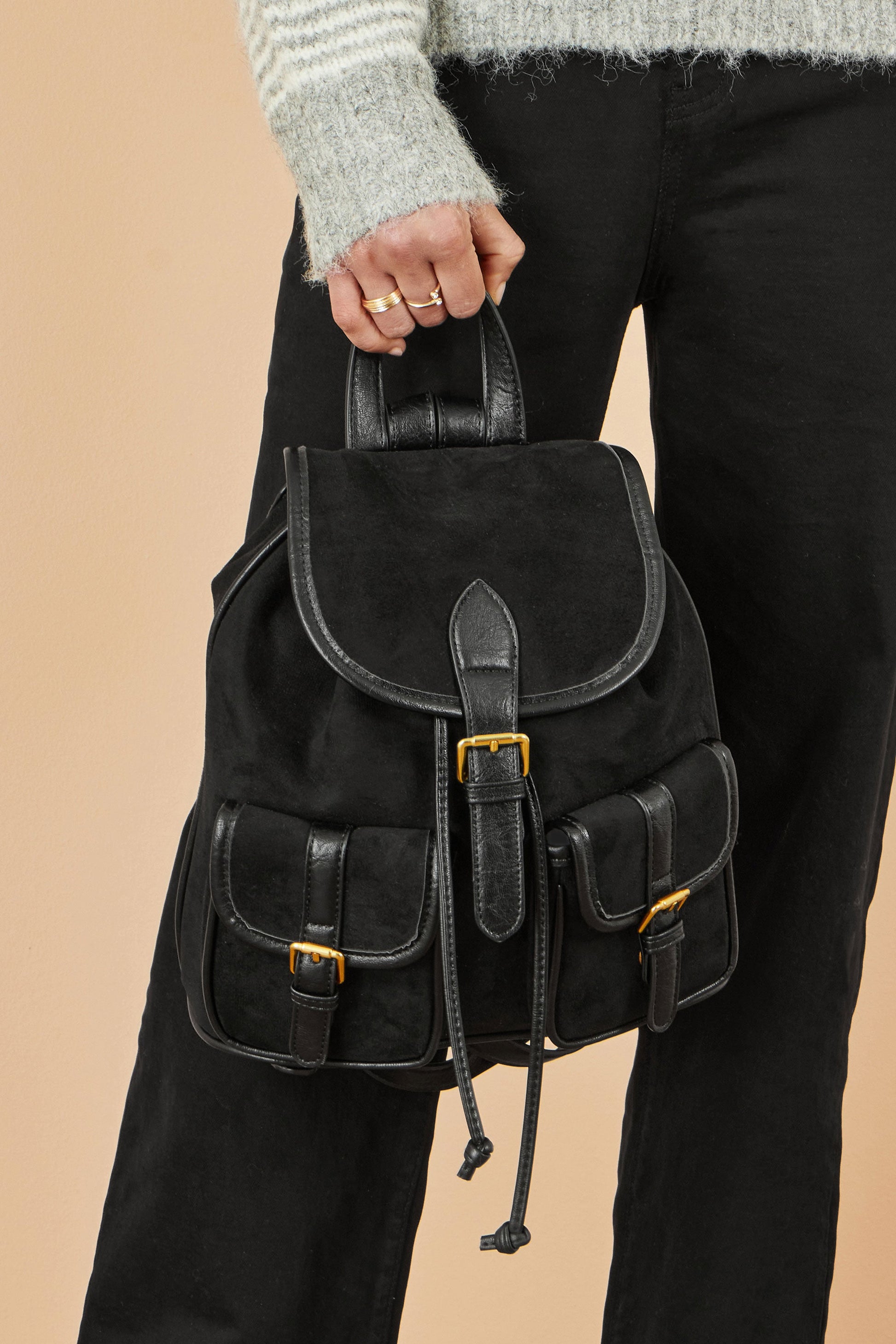 Black Faux Suede Pocket Rucksack