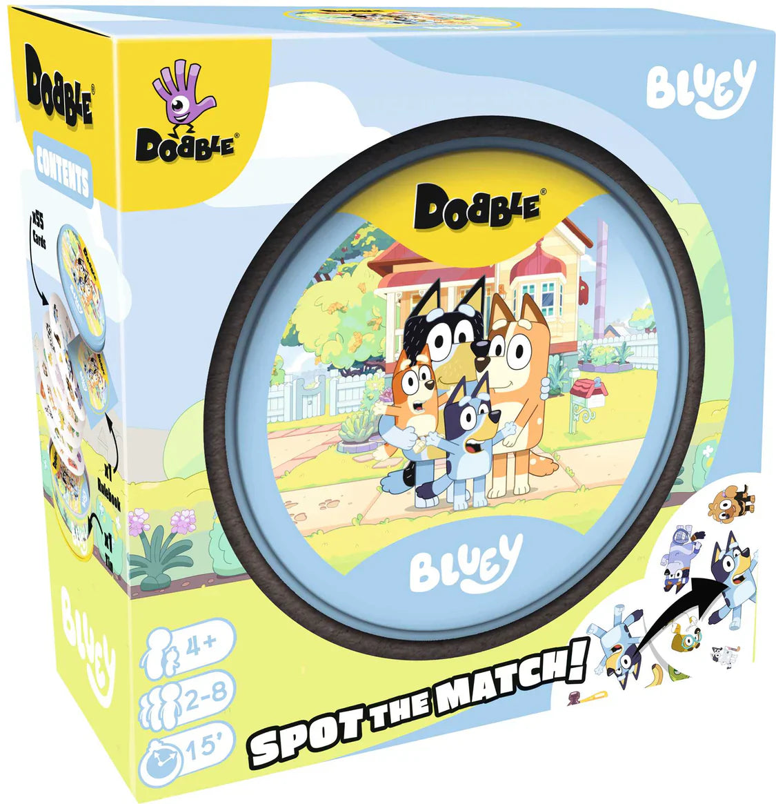 Box of Dobble Bluey game with cartoon characters and text on a blue background