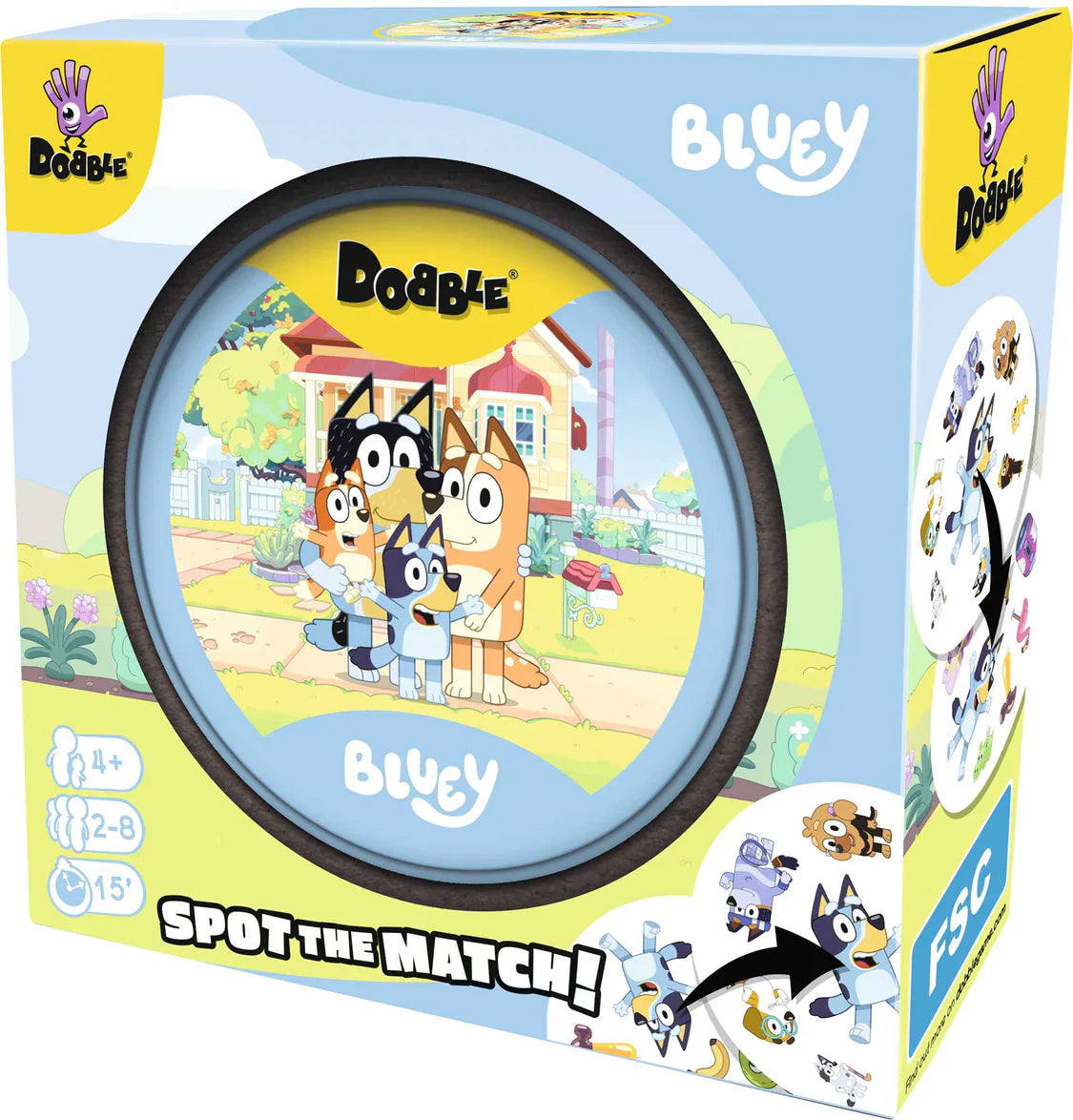 Box of Dobble Bluyey game with cartoon characters and packaging details.