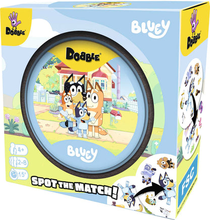 Box of Dobble Bluyey game with cartoon characters and packaging details.