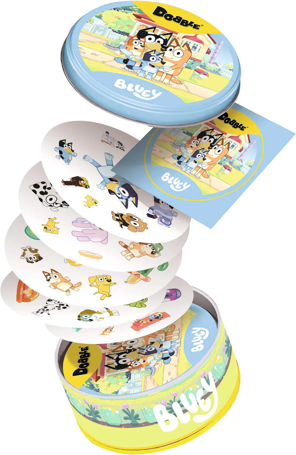 Stack of colorful cartoon-themed cards with a blue lid featuring characters.