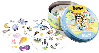 Colorful tin with cartoon characters and circular cards on a white background