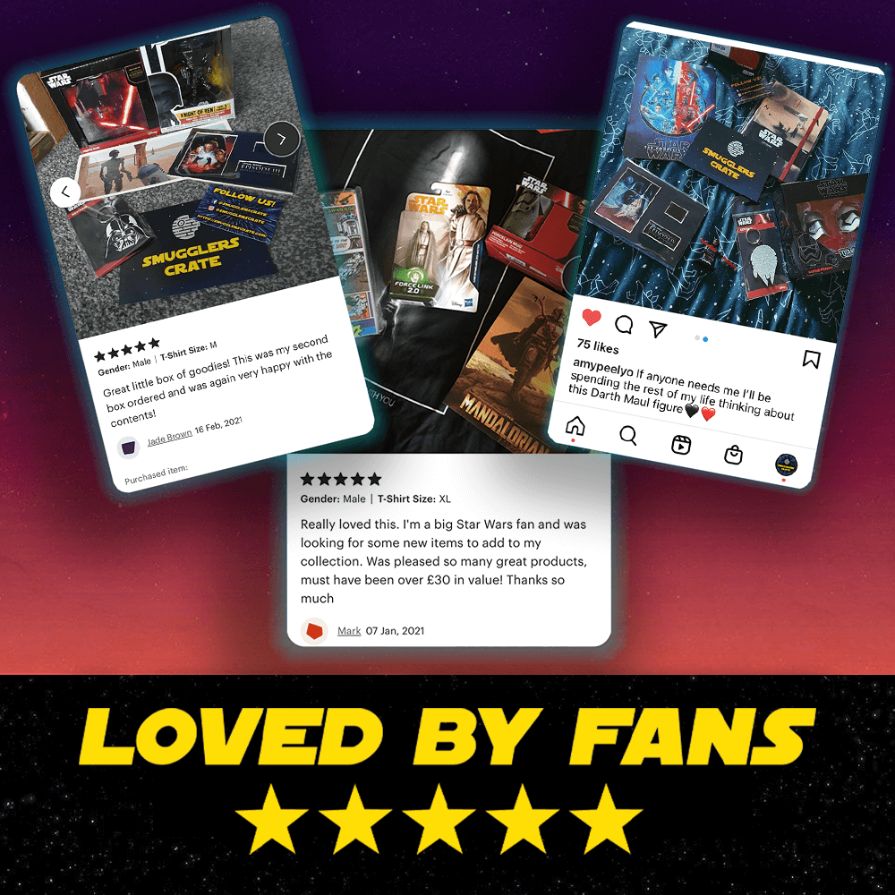 Star Wars collectible cards with user reviews on a gradient background