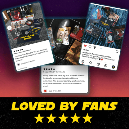 Star Wars collectible cards with user reviews on a gradient background