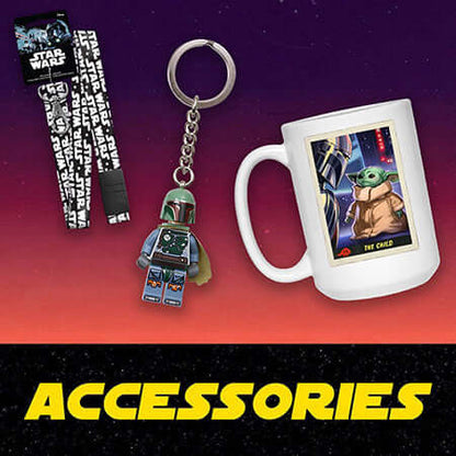 Star Wars-themed keychain, mug, and strap on a gradient background with 'Accessories' text.