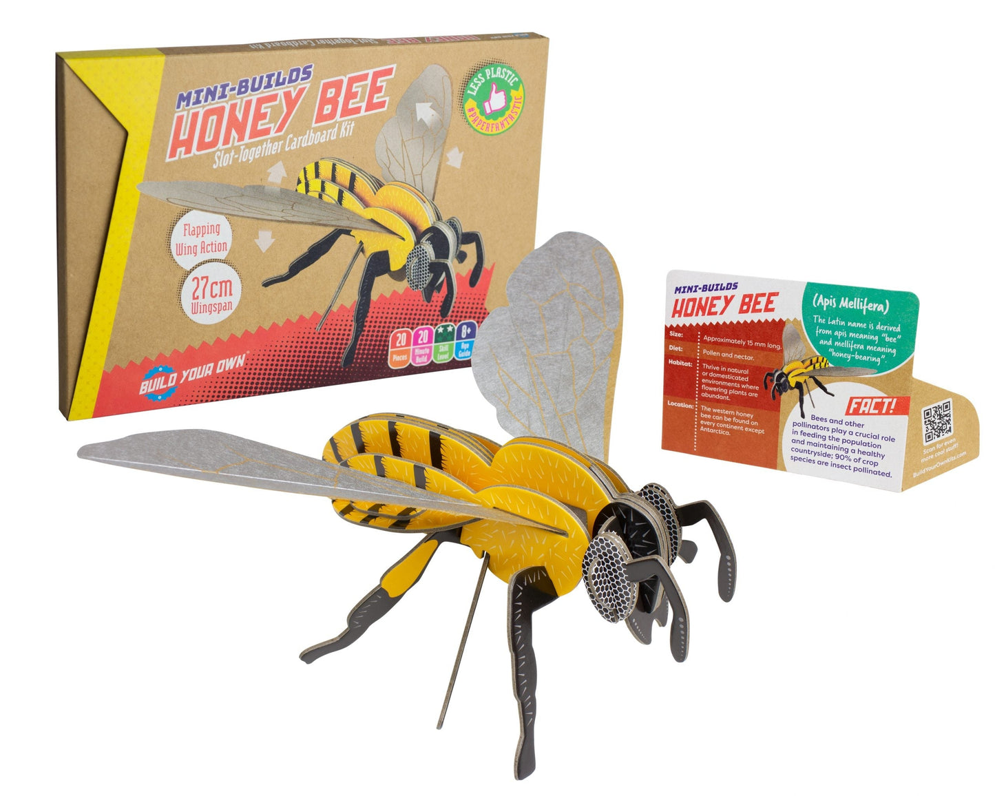 Mini-builds honey bee kit with packaging and instruction sheet on a white background