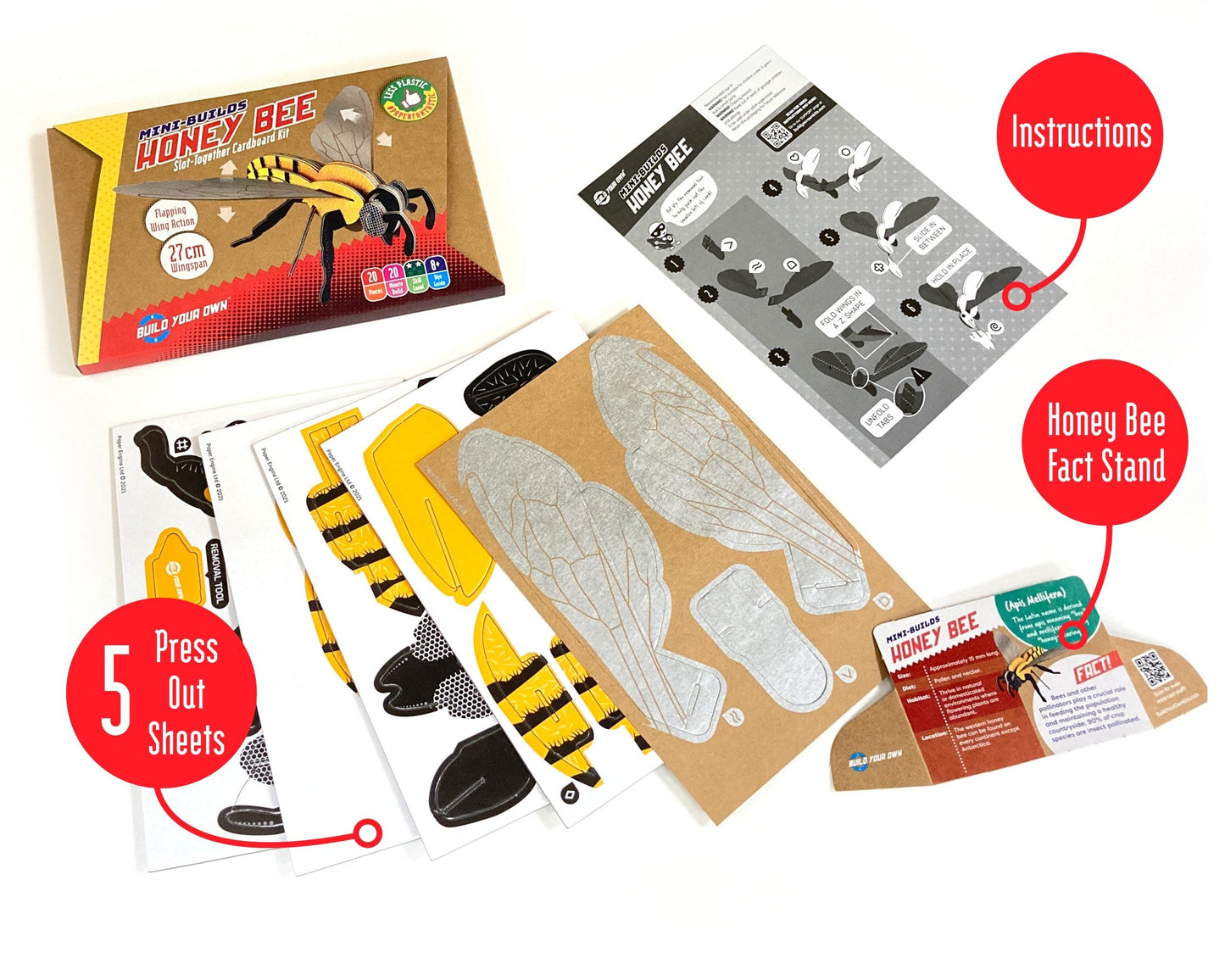 Honey bee-themed educational kit with press-out sheets, fact stand, and instructions on a white background.