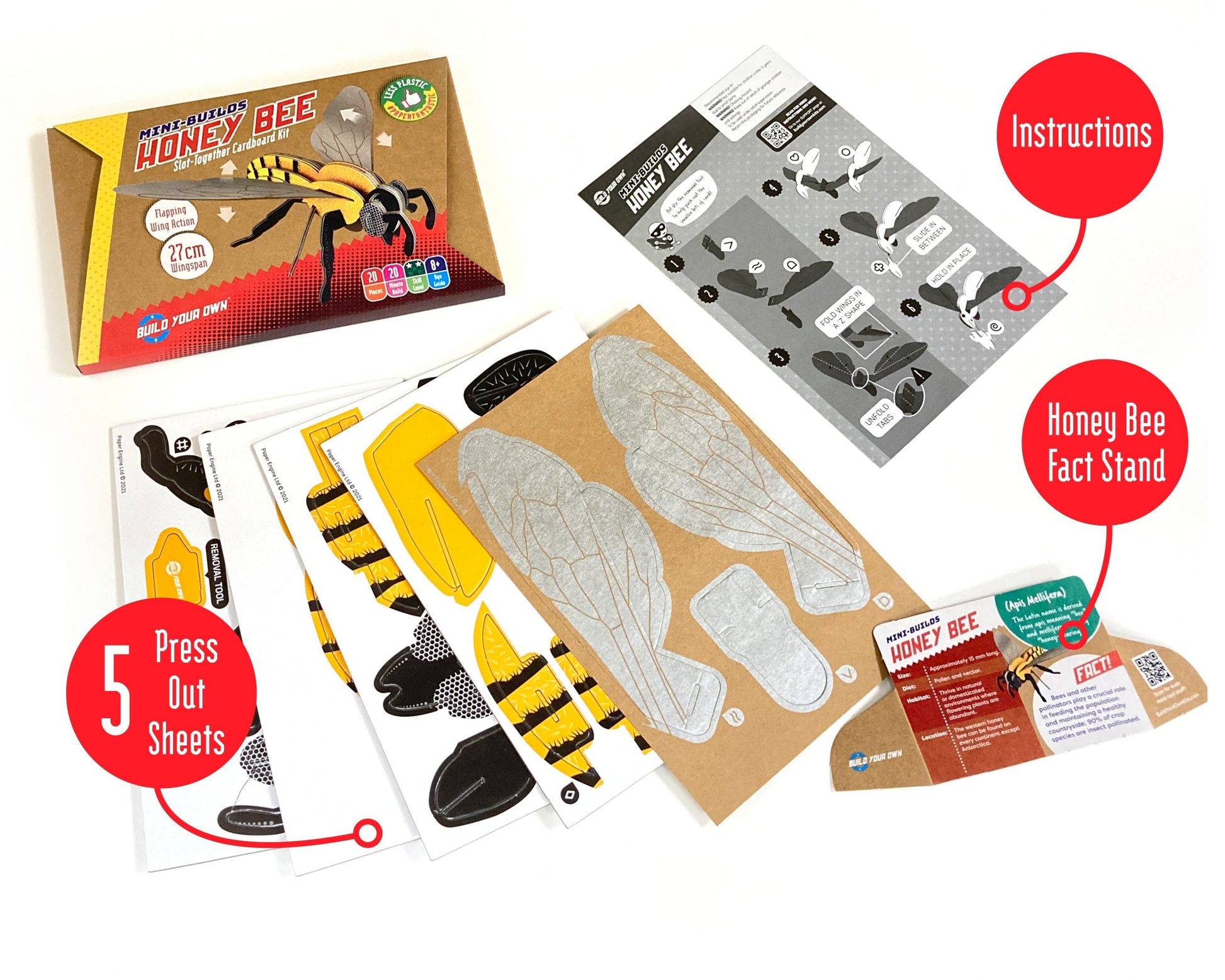Honey bee-themed educational kit with press-out sheets, fact stand, and instructions on a white background.