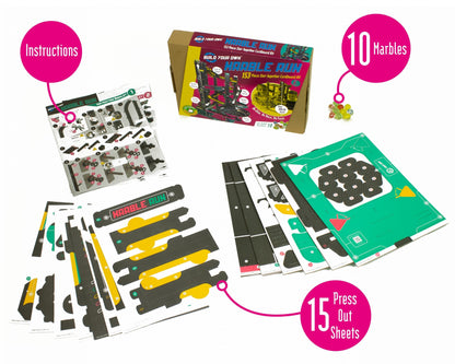 Marble run kit with components and packaging on a white background