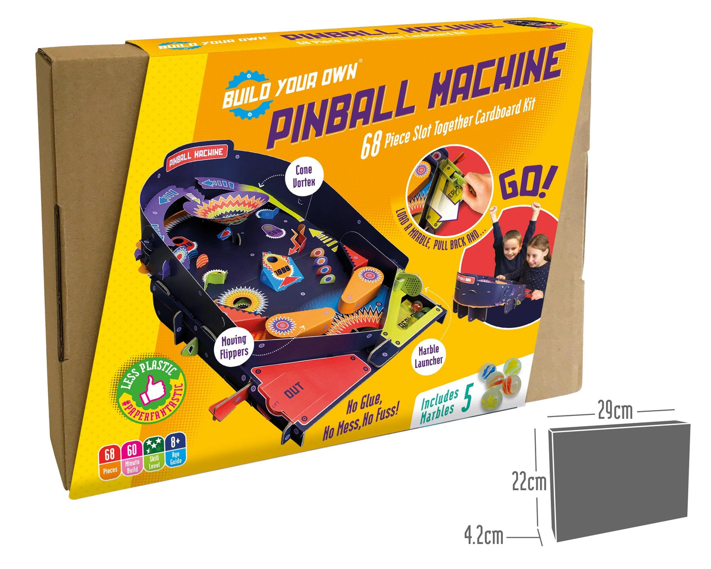 Pinball machine kit packaging with colorful design and dimensions on a white background