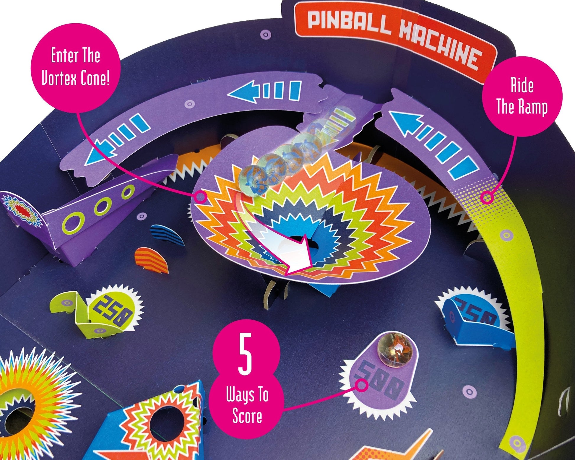 Colorful pinball machine toy with various elements and text on a blue background