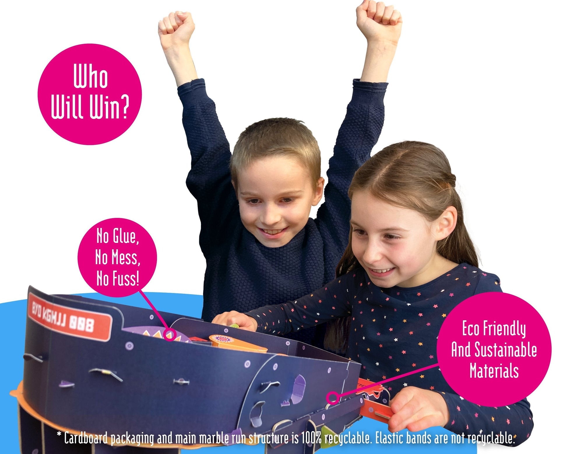 Two children playing with a marble run set, with text highlighting features like no glue, no mess, and eco-friendly materials.