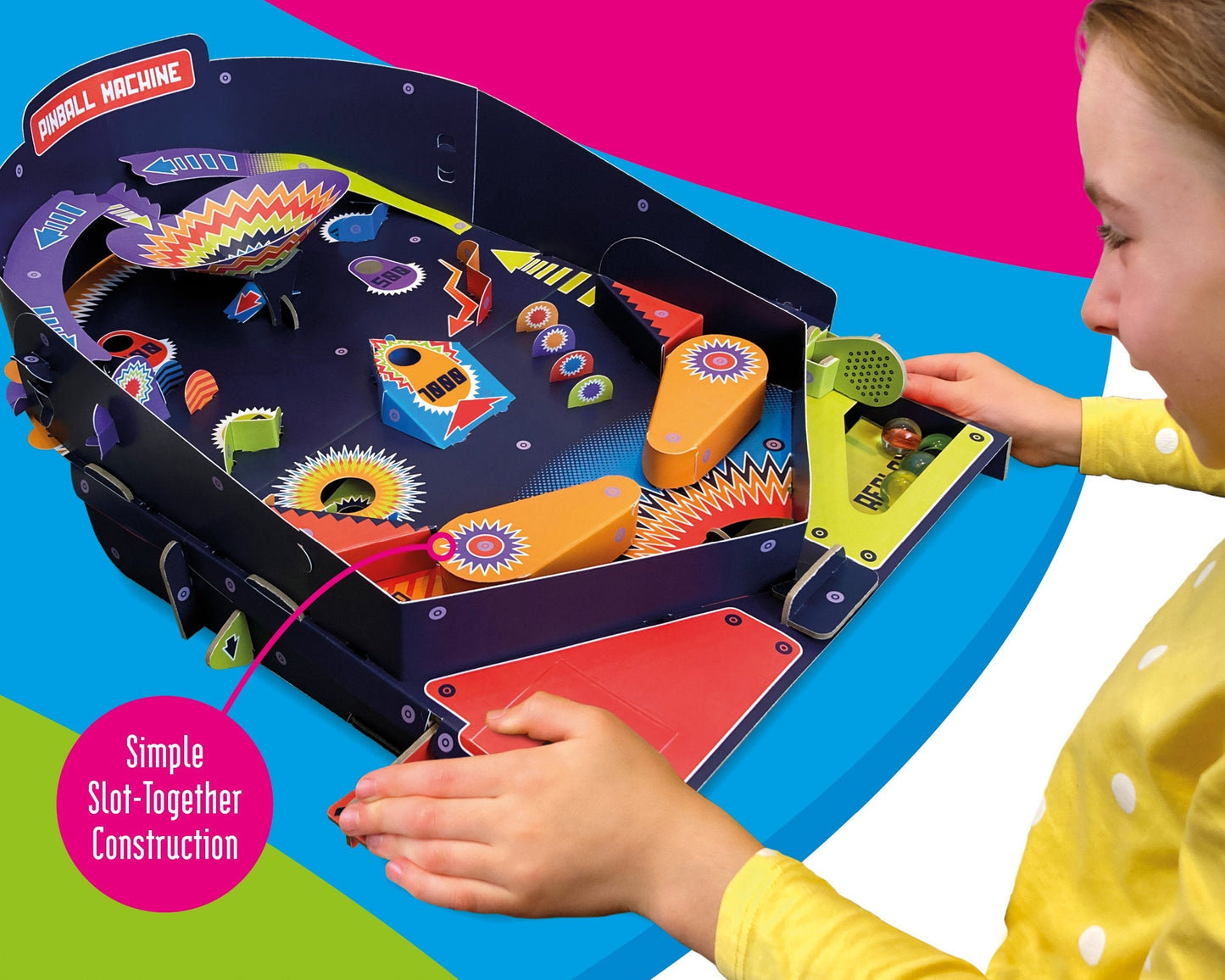 Child playing with a colorful toy machine against a bright background