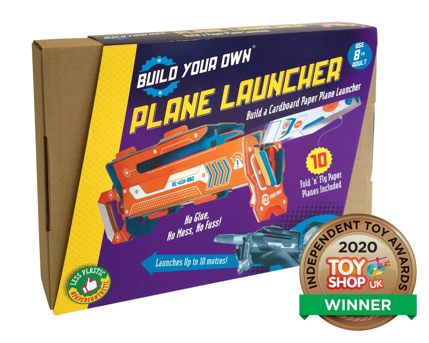 Box for 'Build Your Own Plane Launcher' toy set with colorful plane launcher illustration and toy shop UK award badge.