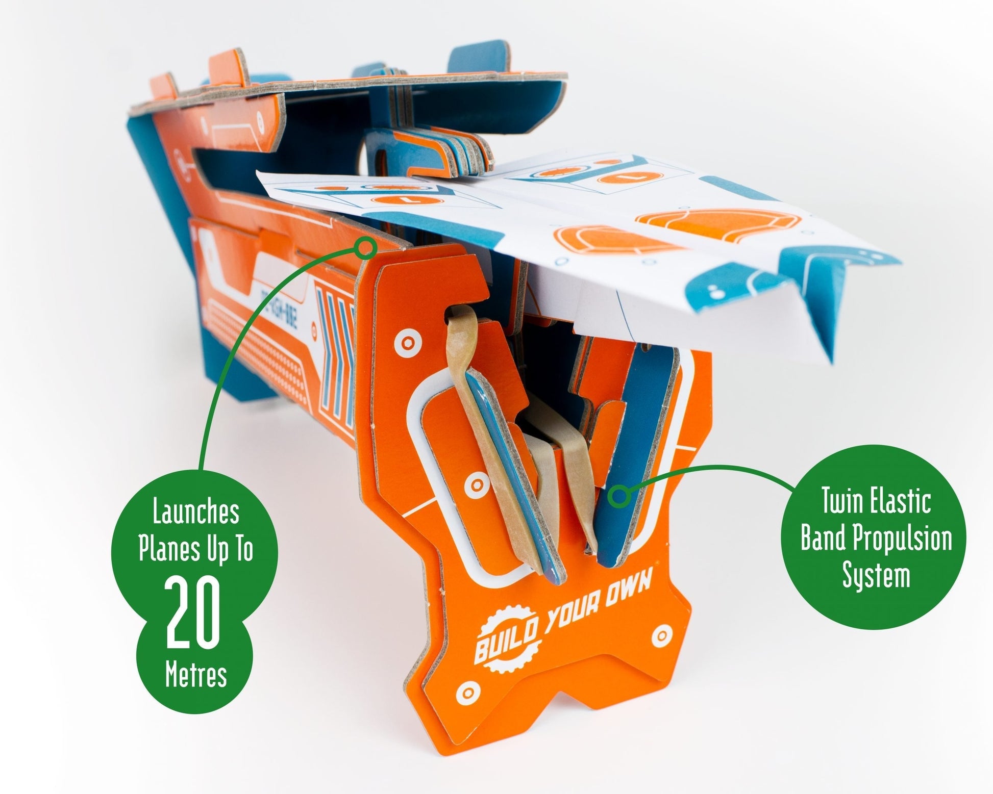 Children's toy airplane launcher with text indicating launch distance and propulsion system on a white background