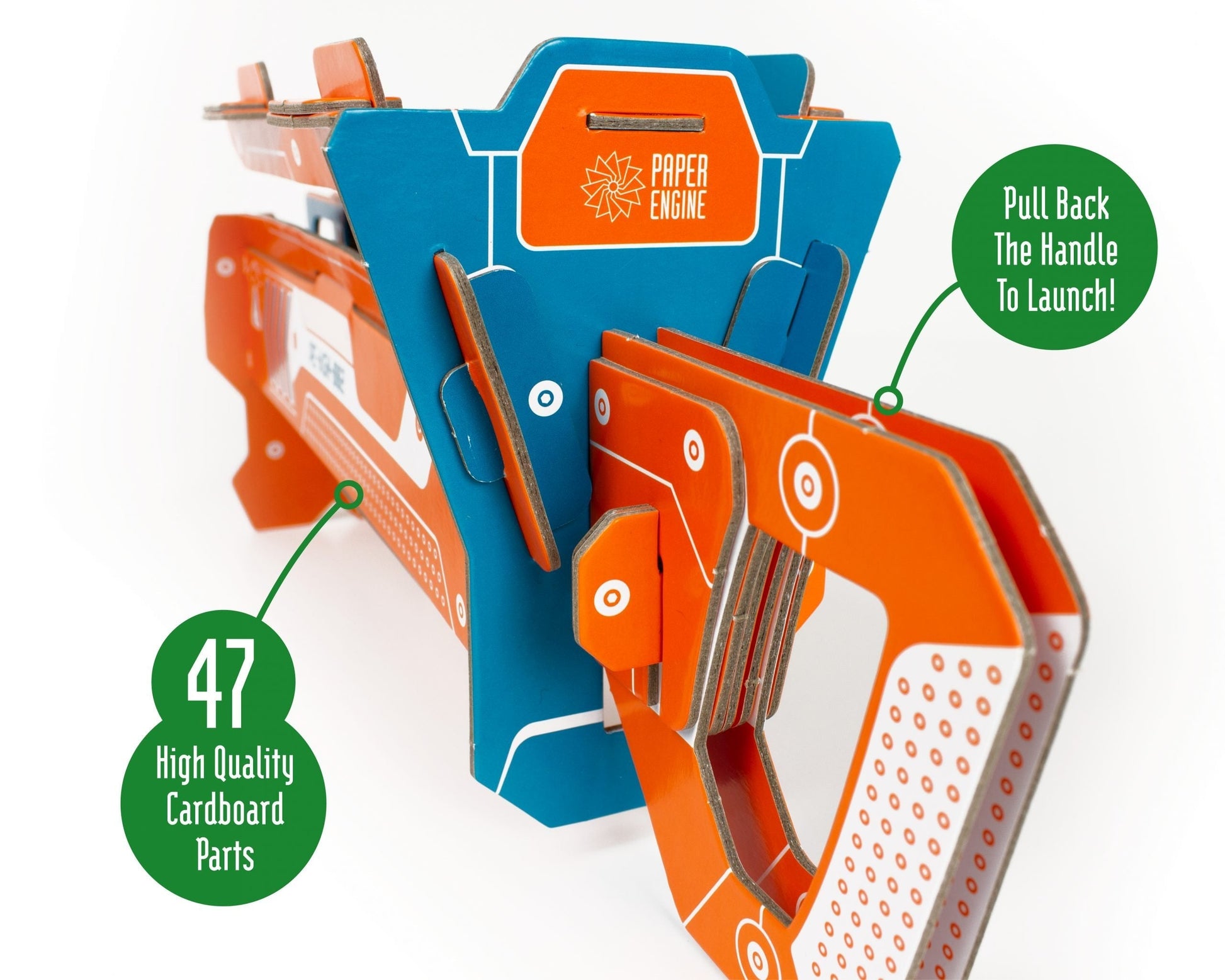 Toy with cardboard parts and launch mechanism on a white background