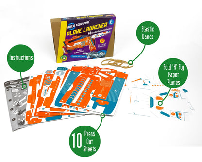 Children's toy kit with paper templates, elastic bands, and instructions on a white background