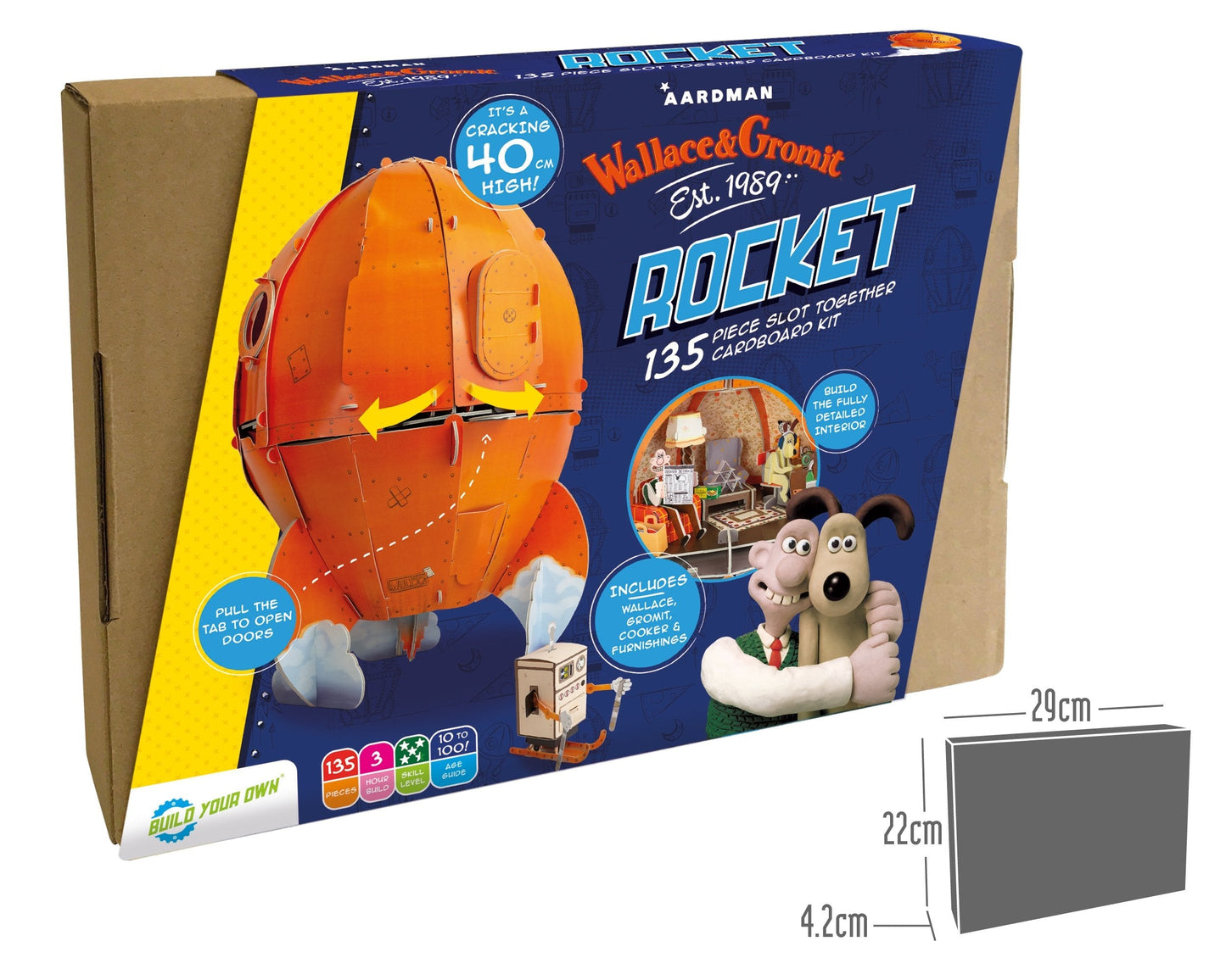 Wallace & Gromit Rocket toy packaging with dimensions on a white background