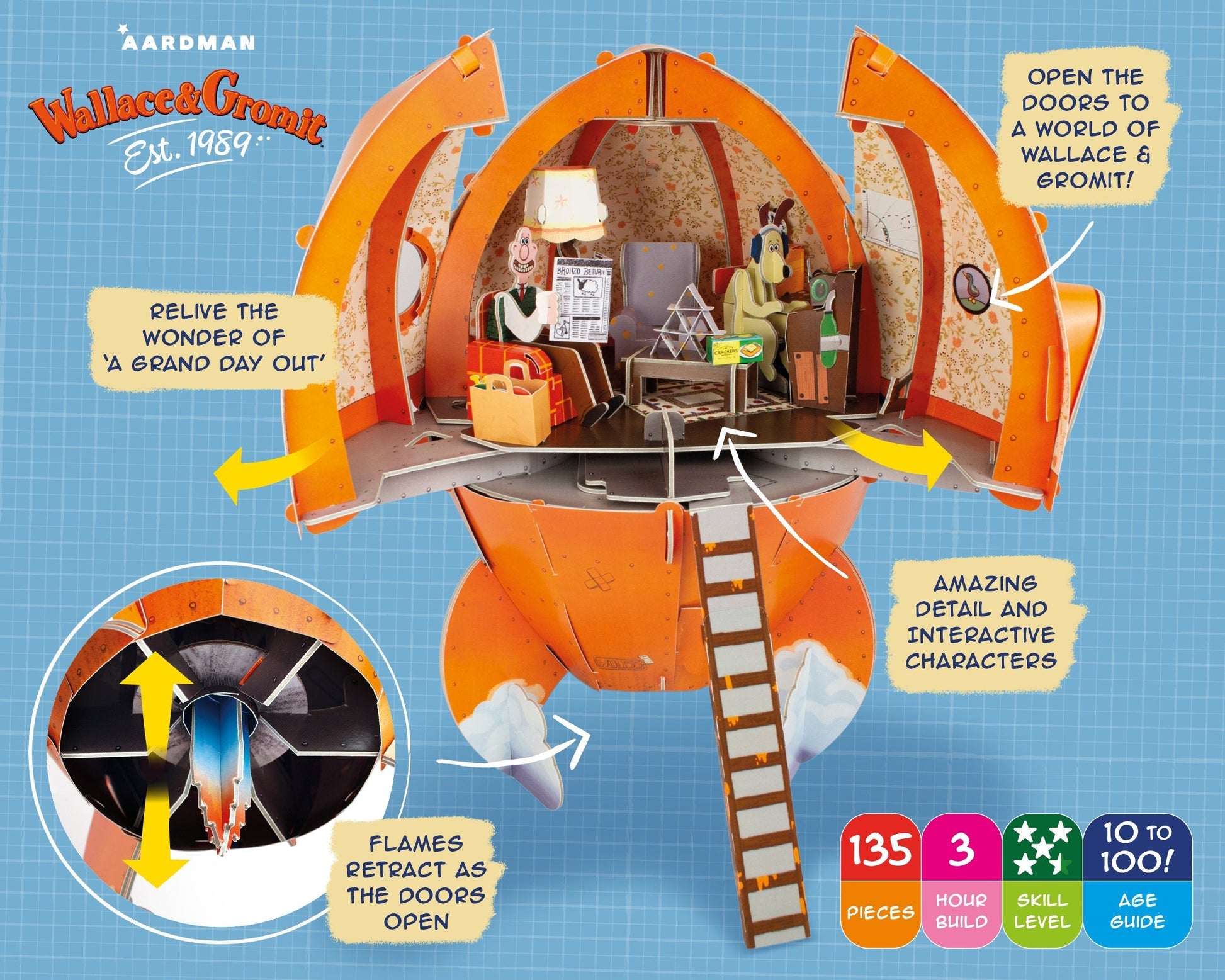 Toy set with detailed interior and features on a blue background, featuring Aardman Wallace & Gromit branding.