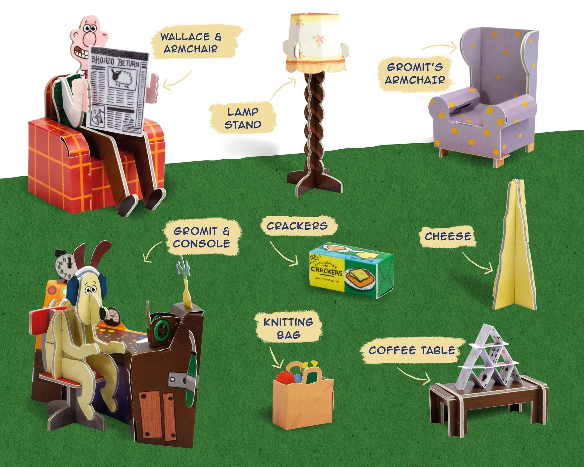 Cartoon characters in a room with furniture and objects labeled