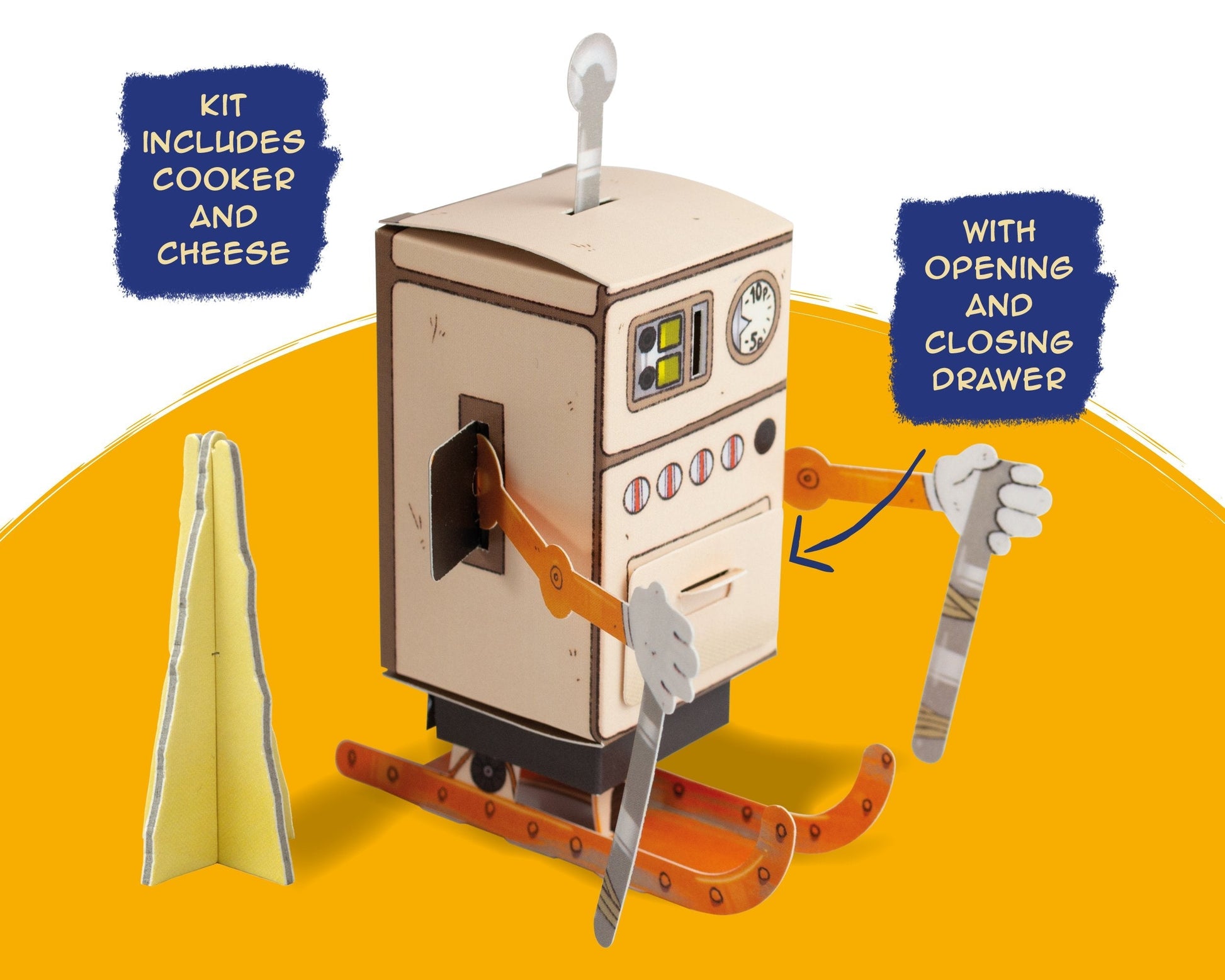 cardboard toy cooker skiing on a yellow background.