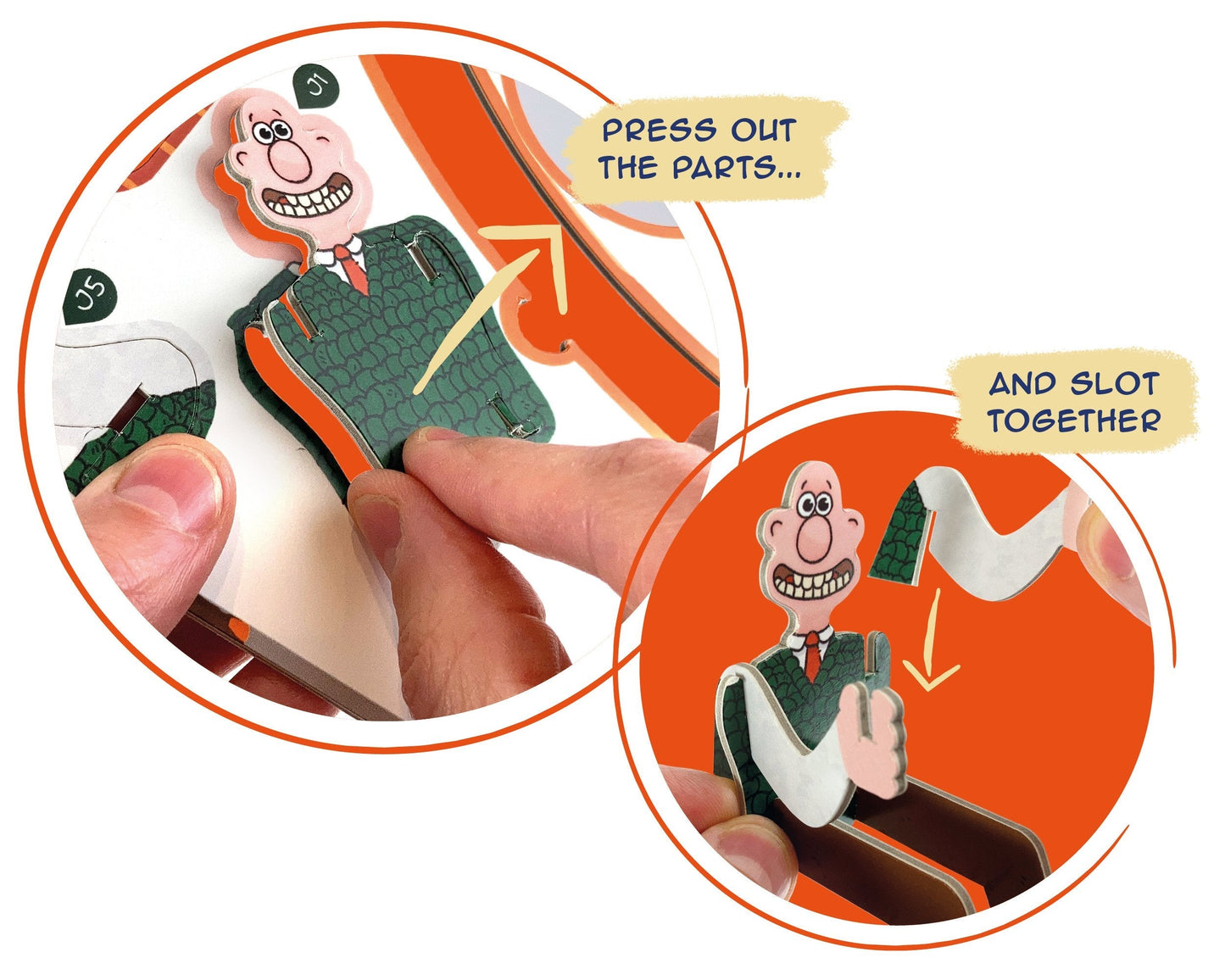 wallace and Grommit Instructions for assembling a cartoon character toy with text on assembly steps.