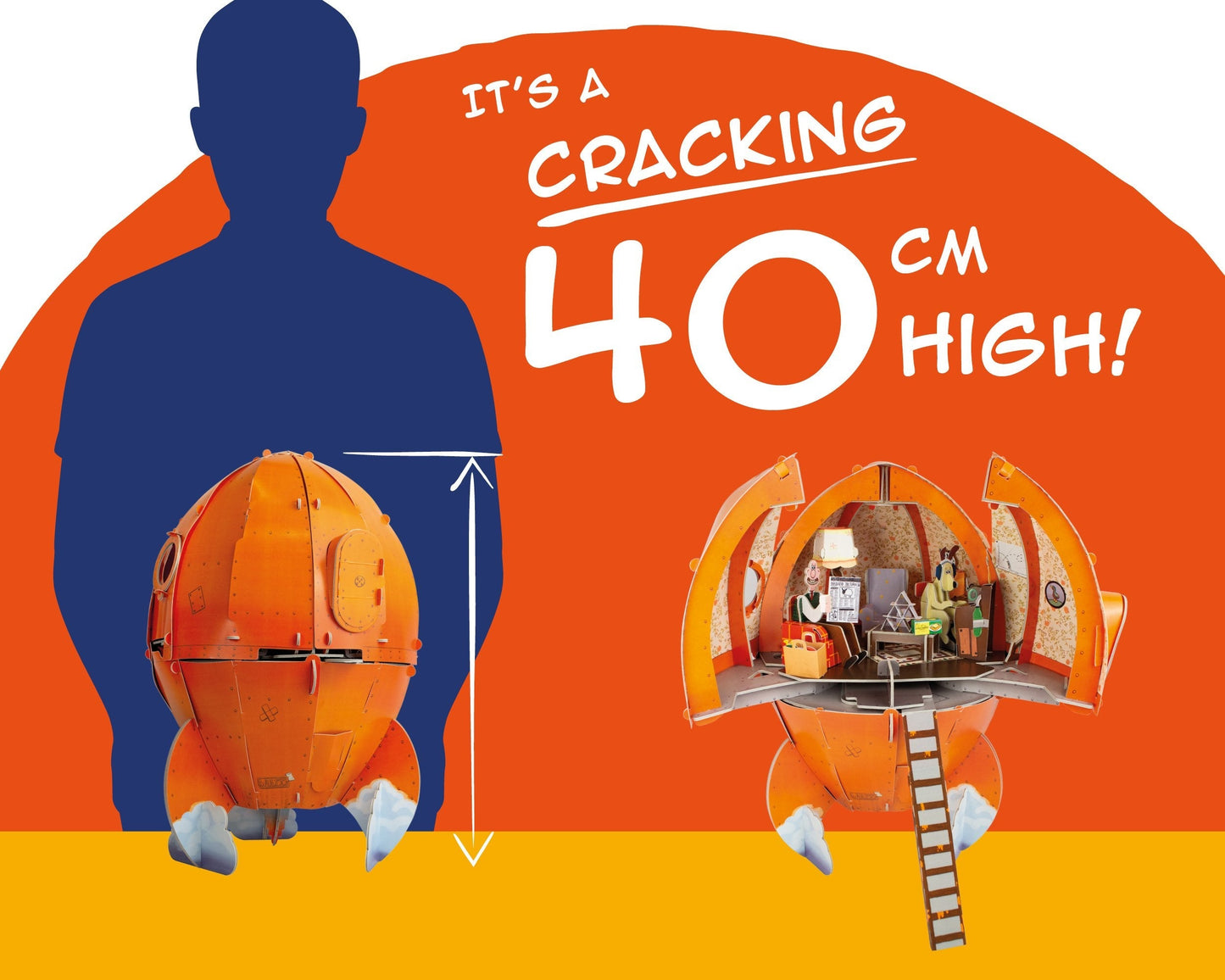 Orange toy with a stand, shown next to a silhouette of a person for scale, on an orange background with text.