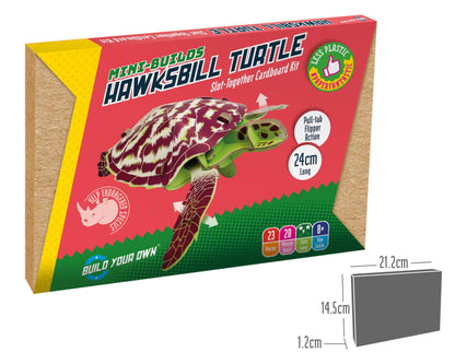 Cardboard kit packaging for building a mini Hawksbill Turtle with dimensions displayed.
