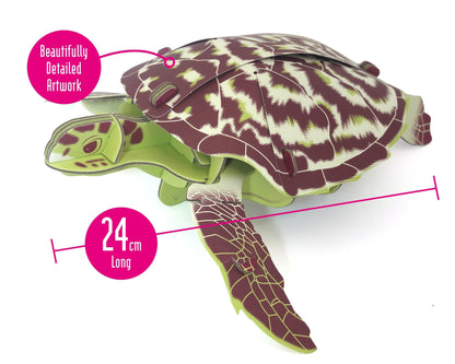 Model of a turtle with detailed artwork and measurement text on a white background