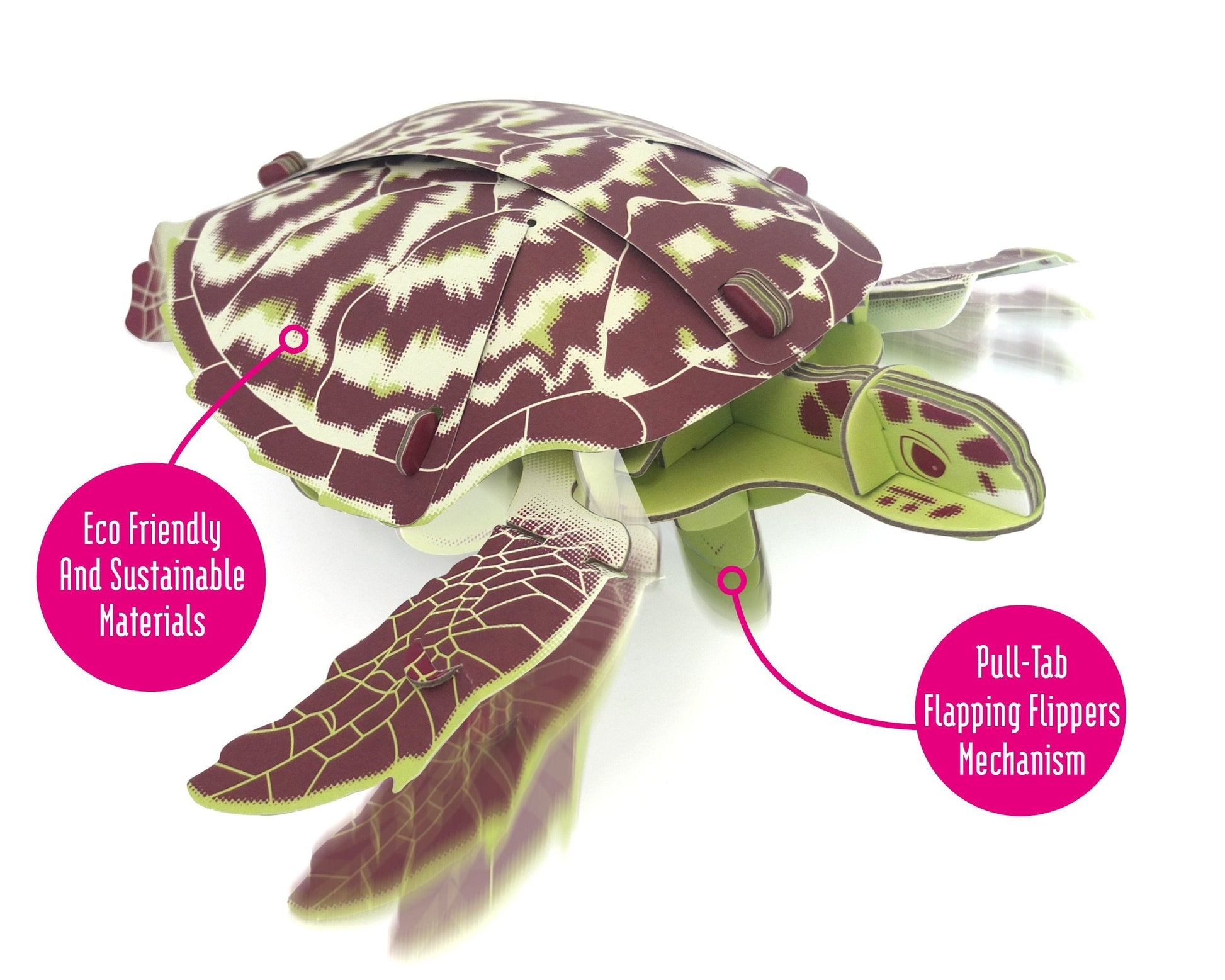 Model turtle with eco-friendly and sustainable materials and pull-tab flapping flippers mechanism on a white background