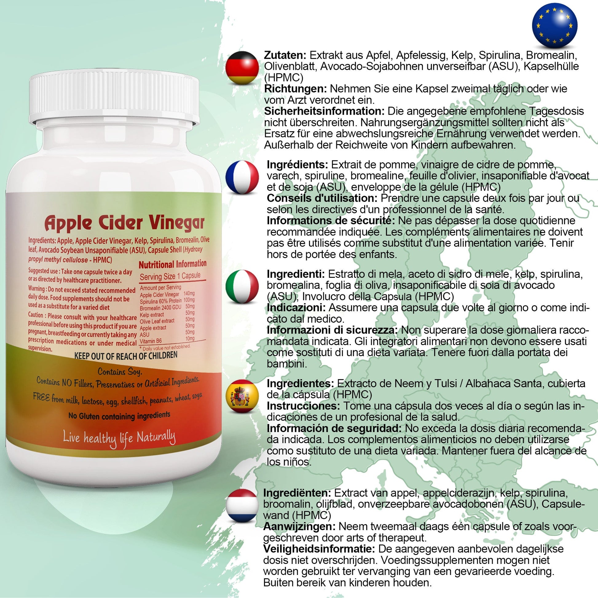 Apple Cider Vinegar Capsule with Kelp, Spirulina, Bromelain, Olive Leaf