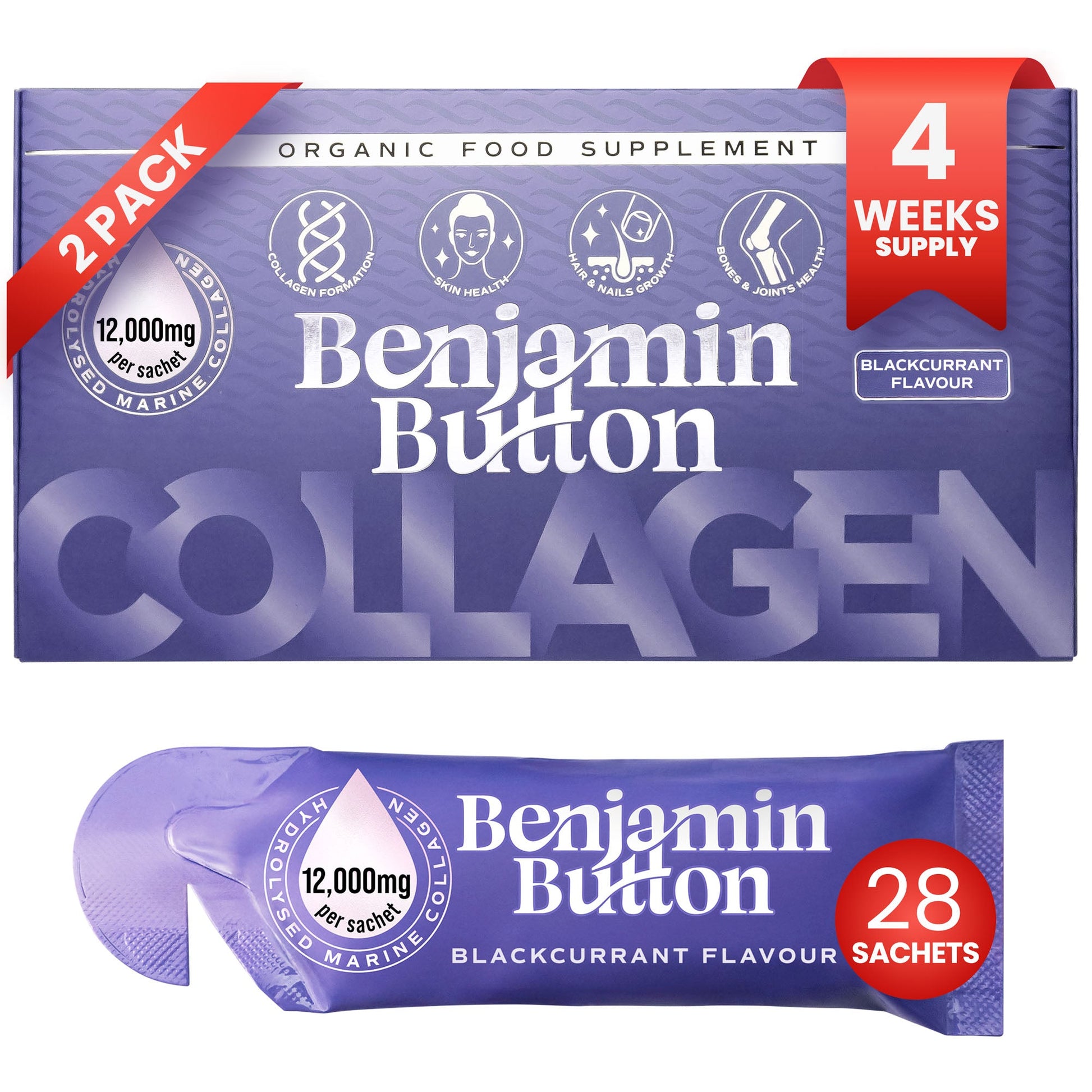 Benjamin Button collagen supplement packaging with purple and red design.