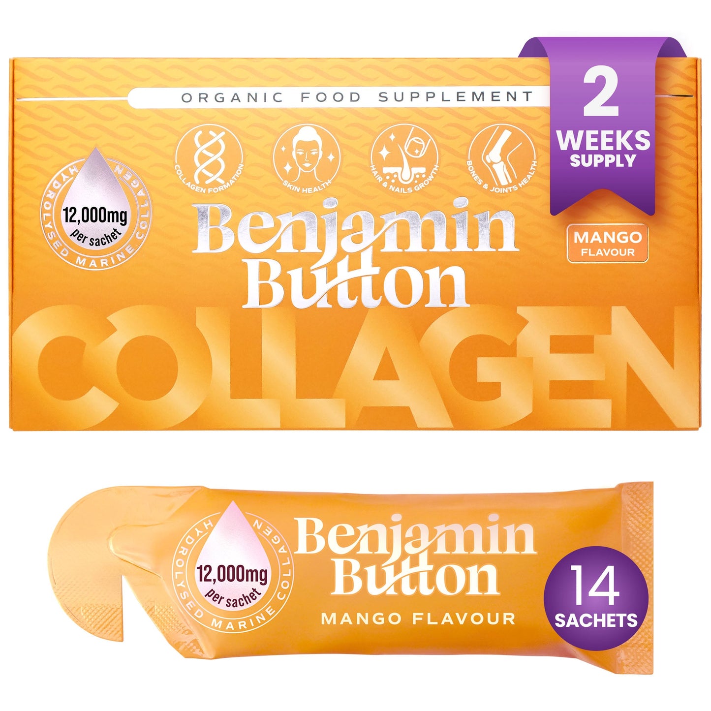 Benjamin Button Collagen supplement package with mango flavor on a white background