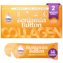 Benjamin Button Collagen supplement package with mango flavor on a white background