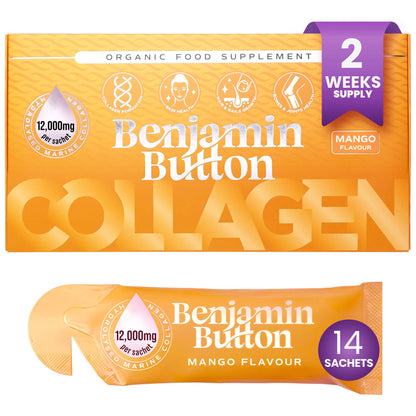 Benjamin Button Collagen supplement package with mango flavor on a white background