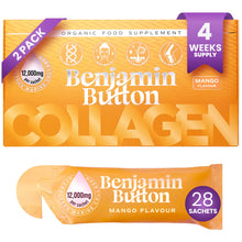 Benjamin Button Collagen supplement packaging with orange and purple design.