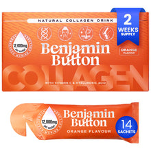 Benjamin Button collagen drink package with orange flavor and vitamin C & hyaluronic acid.