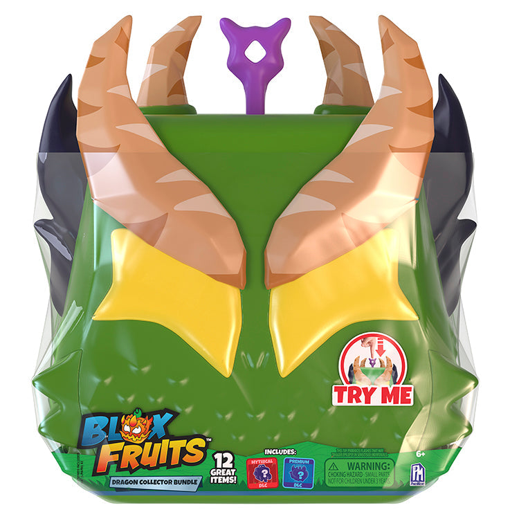 Packaged toy dragon with horns and wings, featuring Bluxy Fruits branding.